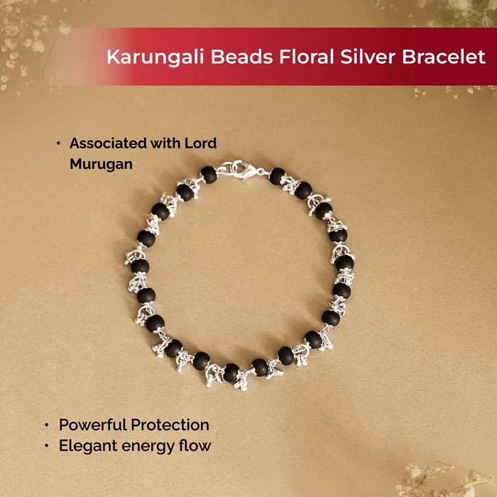 Karungali Beads Floral Silver Bracelet on genuine ebony wood beads