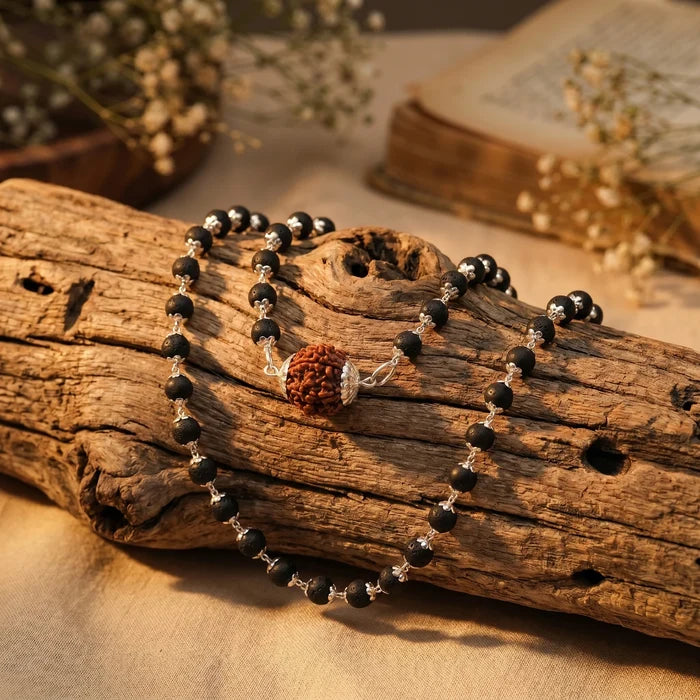 Karungali Mala in Silver-Cap with 5 Mukhi Rudraksha - view 2