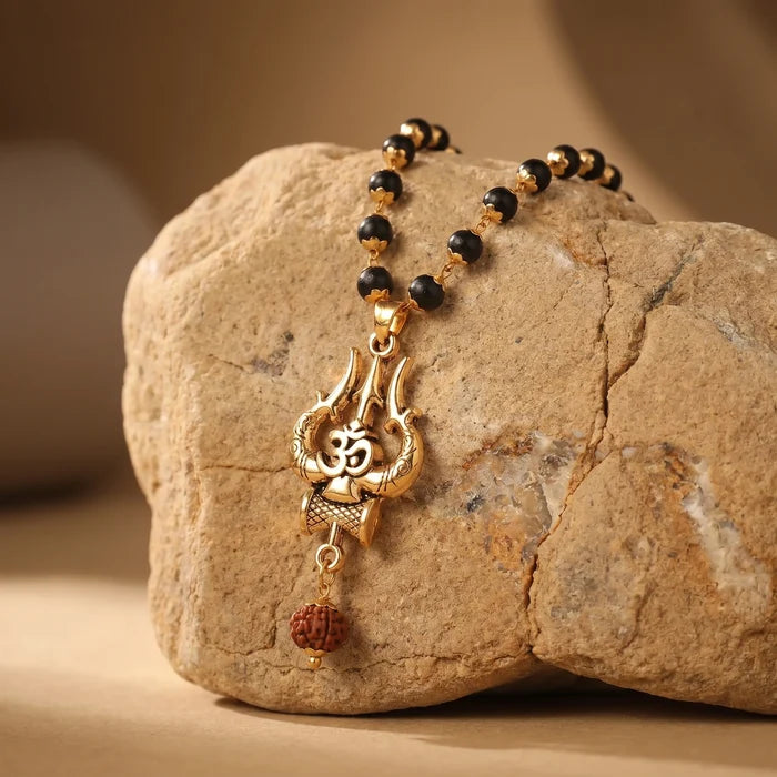Karungali Malai in Gold-Cap with Shiv Trishul & Rudraksha Pendant
