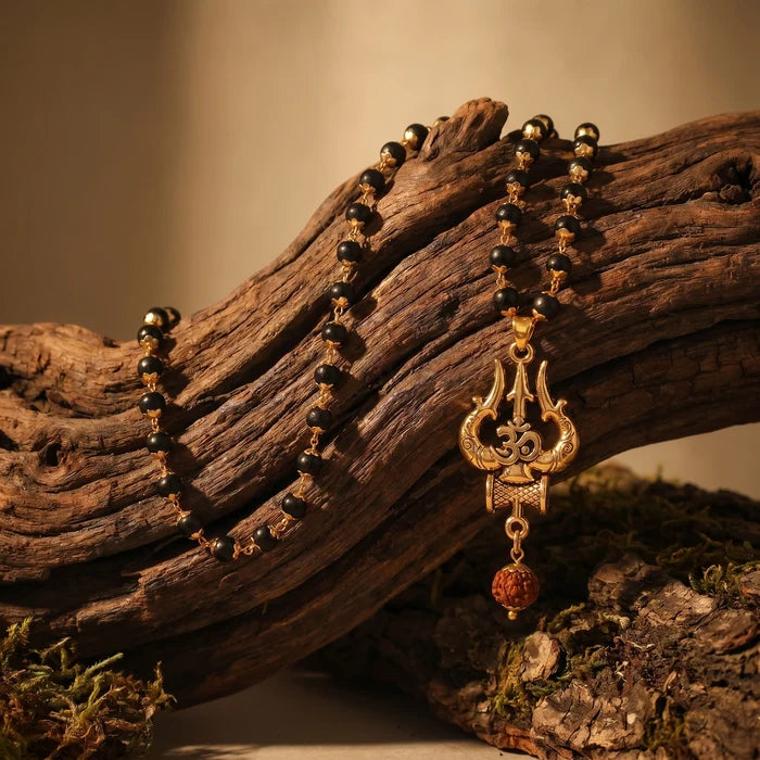 Karungali Malai in Gold-Cap with Shiv Trishul & Rudraksha Pendant - view 2