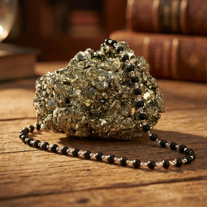 Karungali Malai Silver Cap Necklace & Raw Pyrite Combo (Certified)