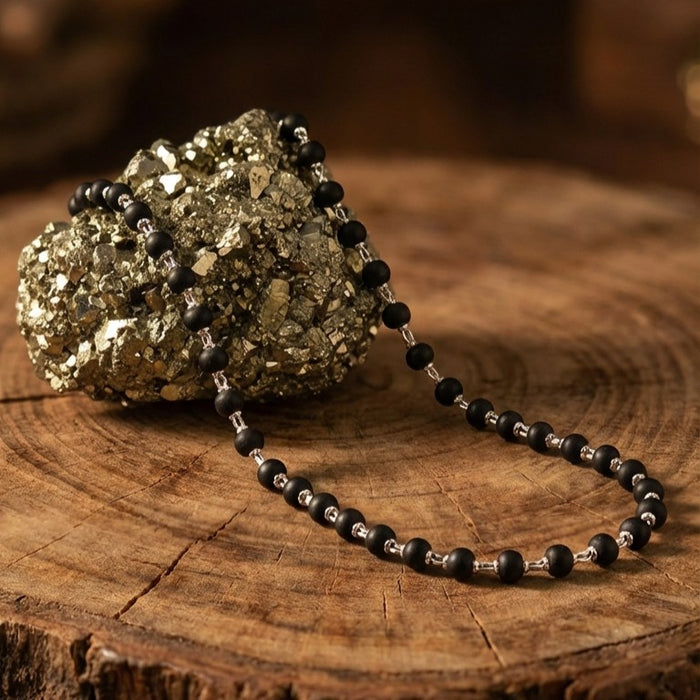 Karungali Malai Silver Cap Necklace & Raw Pyrite Combo (Certified)