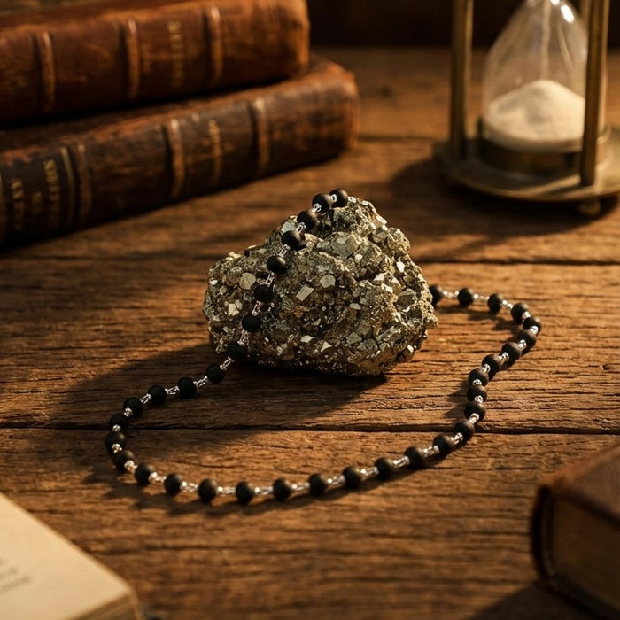 Karungali Malai Silver Cap Necklace & Raw Pyrite Combo (Certified) - view 2