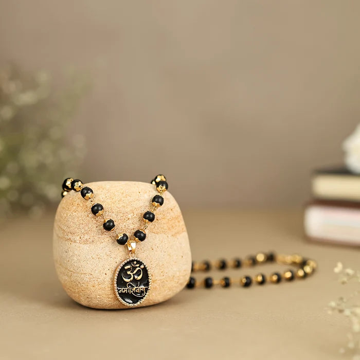 Karungali Malai with Gold-Plated Caps & Om Namah Shivaya Pendant