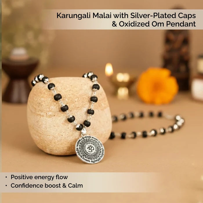 Karungali Malai with Silver-Plated Caps & Oxidized Om Pendant