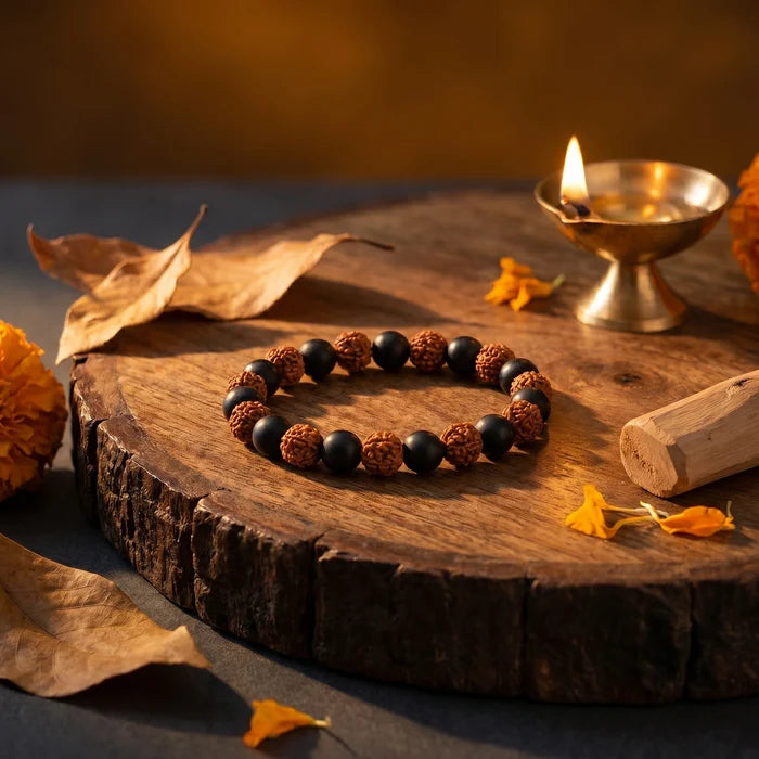 Karungali Rudraksha Bracelet - Natural Ebony Wood & 5 Mukhi Rudraksha Beads
