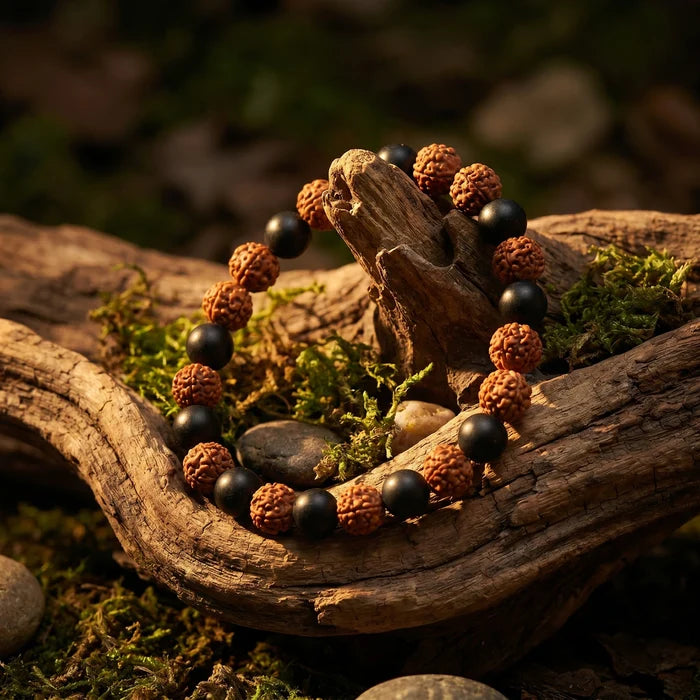 Karungali Rudraksha Bracelet - Natural Ebony Wood & 5 Mukhi Rudraksha Beads - view 2