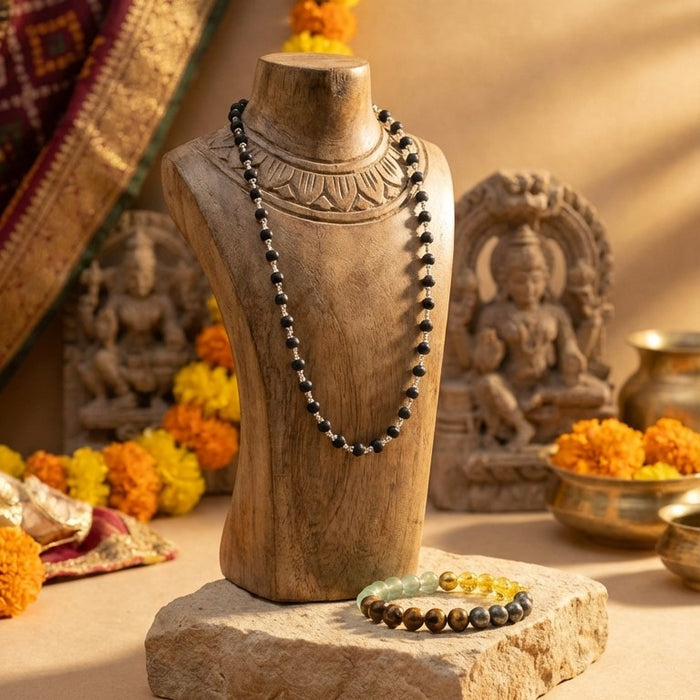 Karungali Silver Cap Necklace & Money Magnet Bracelet Combo (Certified)