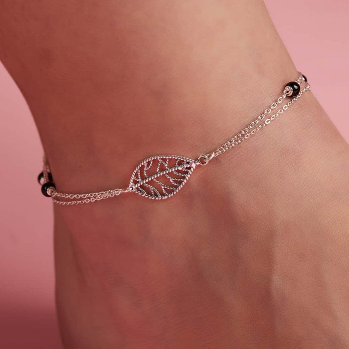 Leaf and Black beads 925 Sterling Silver Anklets