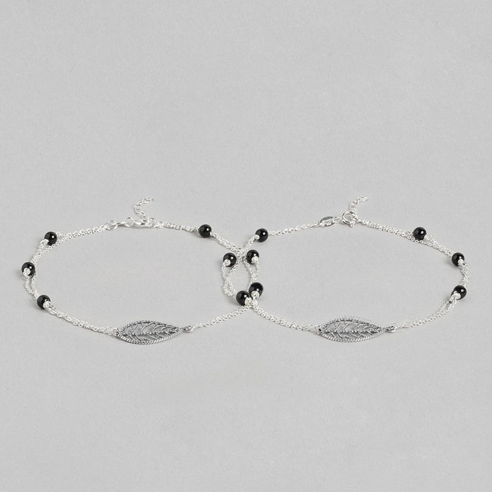 Leaf and Black beads 925 Sterling Silver Anklets