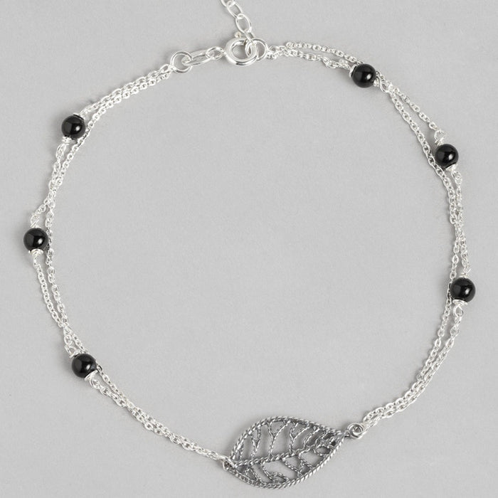 Leaf and Black beads 925 Sterling Silver Anklets