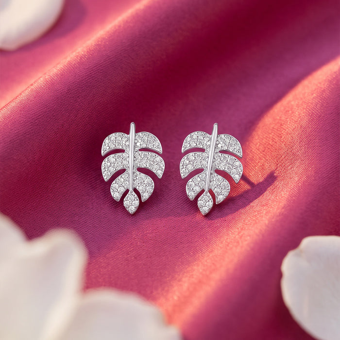 Leaf CZ Motif Rhodium Plated 925 Sterling Silver Earrings