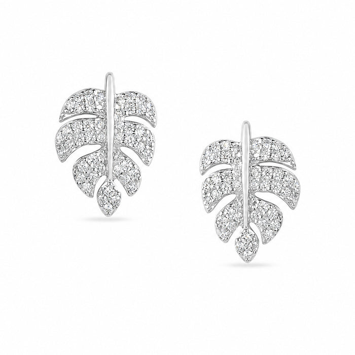 Leaf CZ Motif Rhodium Plated 925 Sterling Silver Earrings
