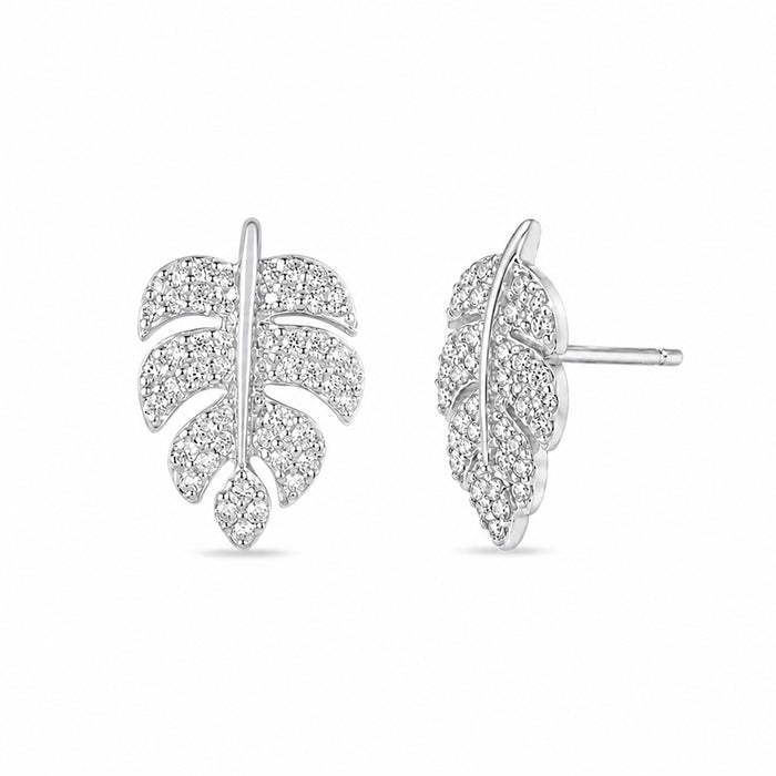 Leaf CZ Motif Rhodium Plated 925 Sterling Silver Earrings