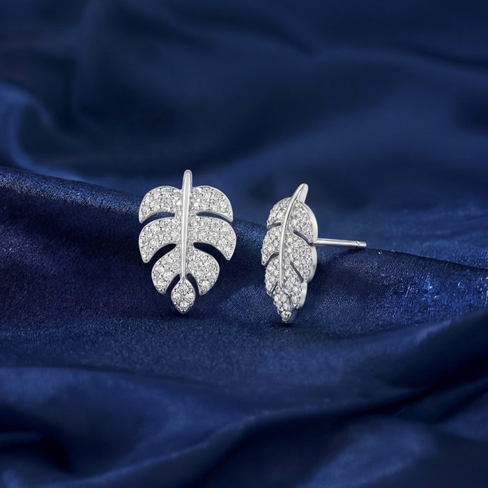 Leaf CZ Motif Rhodium Plated 925 Sterling Silver Earrings