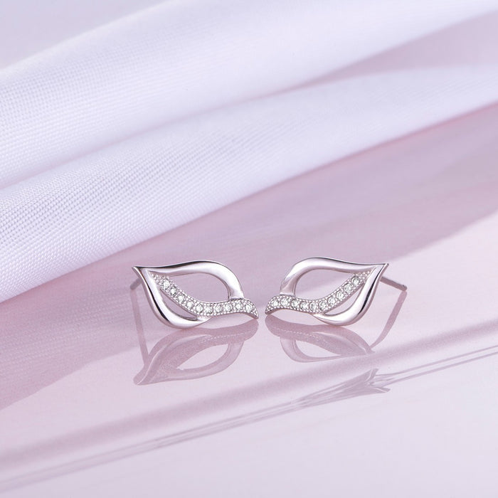 Leaf CZ Studded Rhodium Plated 925 Sterling Silver Stud Earrings