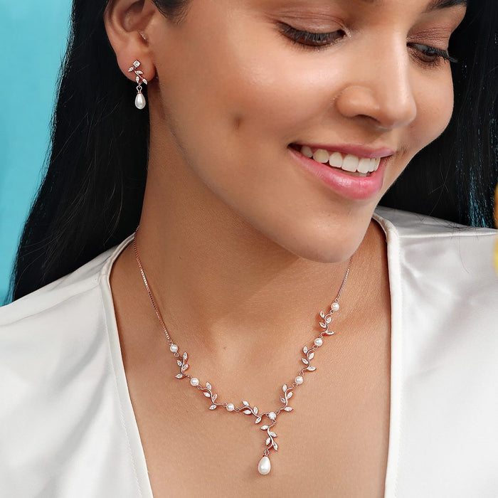 925 Sterling Silver Leaf Drop Rose Gold Plated 925 Sterling Silver Jewelry Set for Women – Zavya