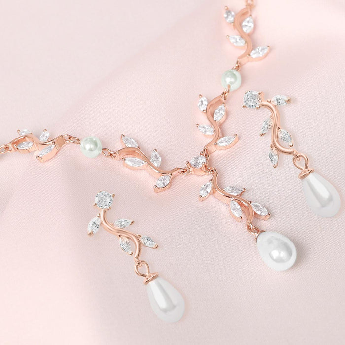 Rose gold plated 925 Sterling Silver crystal leaf necklace and pearl drop earrings set for women – Zavya