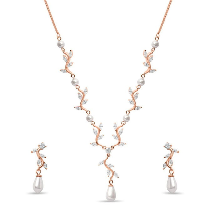 Rose gold plated 925 Sterling Silver leaf necklace and pearl earrings set for women – Zavya