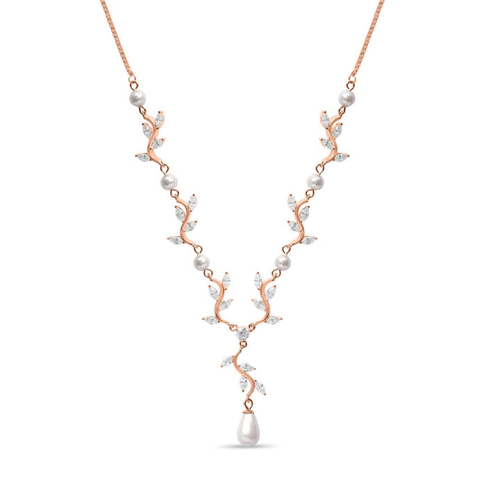 Rose gold plated 925 Sterling Silver leaf necklace for women with a pearl drop and crystals – Zavya