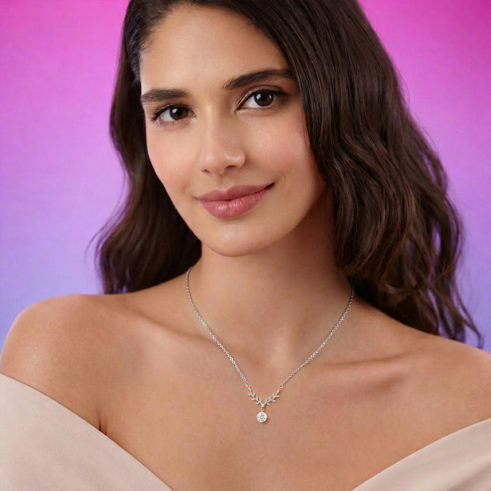 Leaf Drop Solitaire Rhodium Plated 925 Silver Necklace