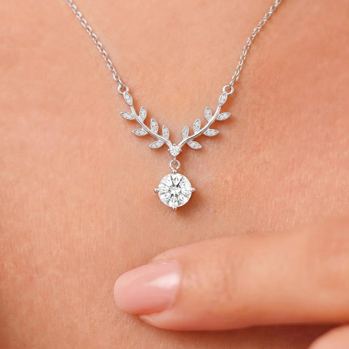 Leaf Drop Solitaire Rhodium Plated 925 Silver Necklace