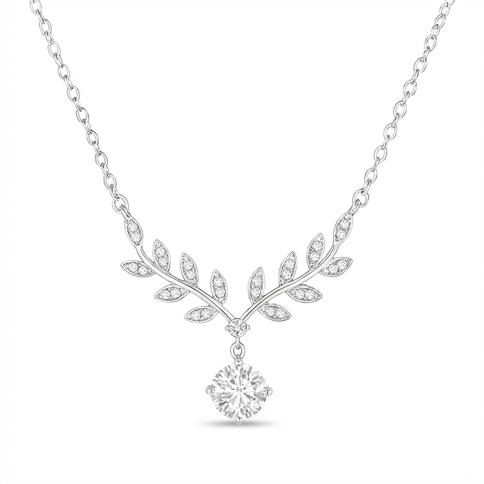 Leaf Drop Solitaire Rhodium Plated 925 Silver Necklace