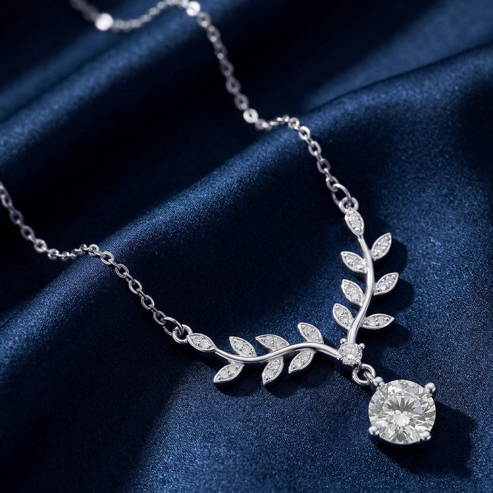 Leaf Drop Solitaire Rhodium Plated 925 Silver Necklace
