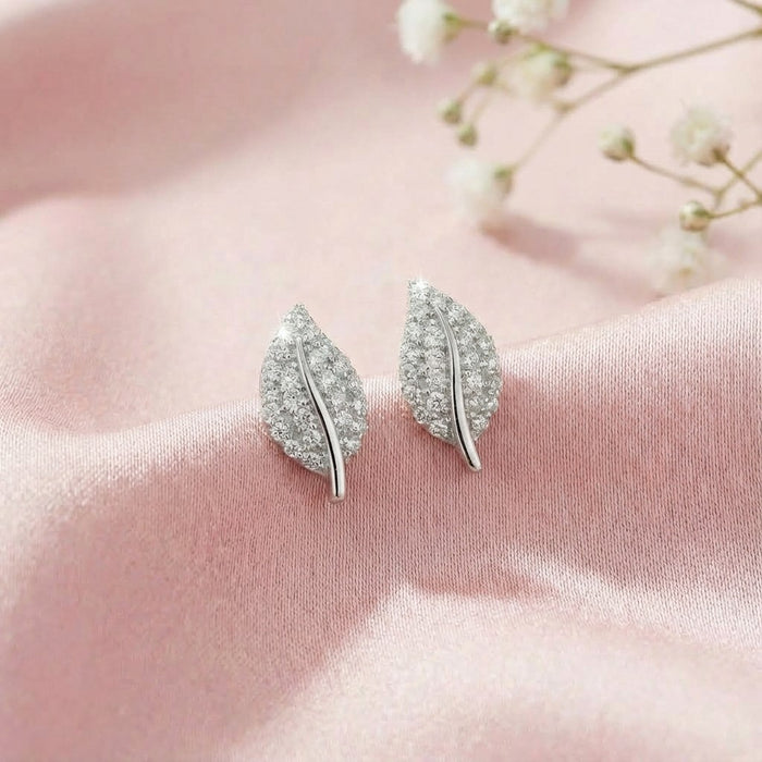 Leaf Glow Rhodium Plated 925 Silver Stud Earrings