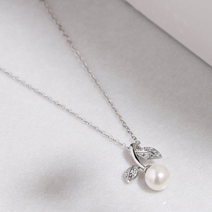 Leaf Pearl Rhodium Plated 925 Sterling Silver Necklace