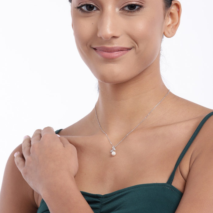 Leaf Pearl Rhodium Plated 925 Sterling Silver Necklace