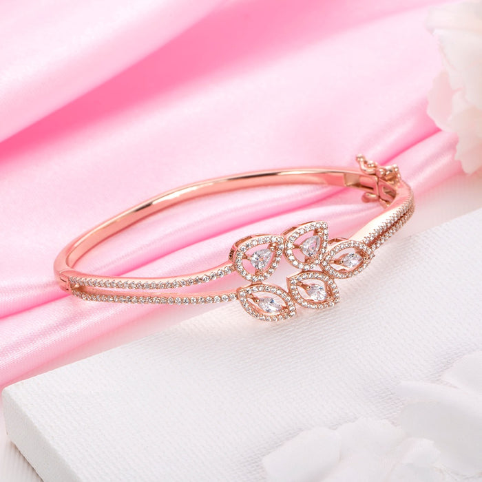 Leafy Elegance Rose Gold-Plated CZ Leaf 925 Sterling Silver Kada Bracelet