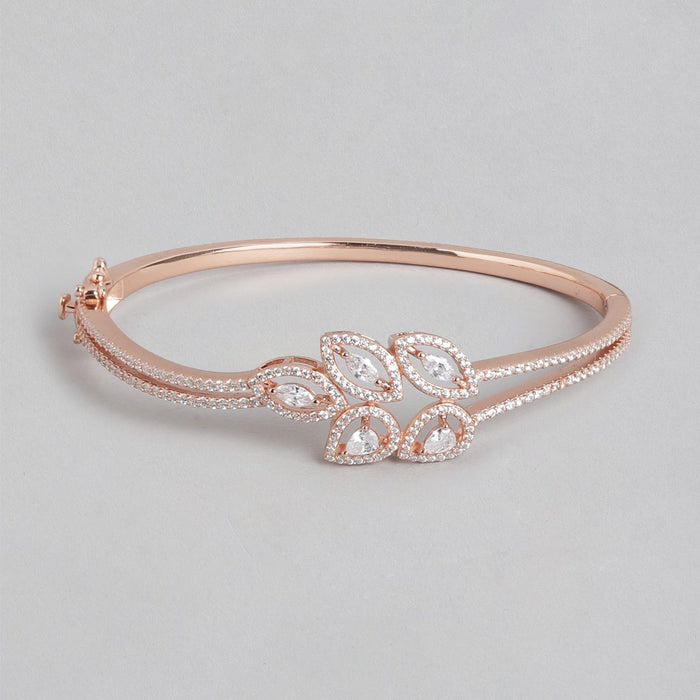Leafy Elegance Rose Gold-Plated CZ Leaf 925 Sterling Silver Kada Bracelet