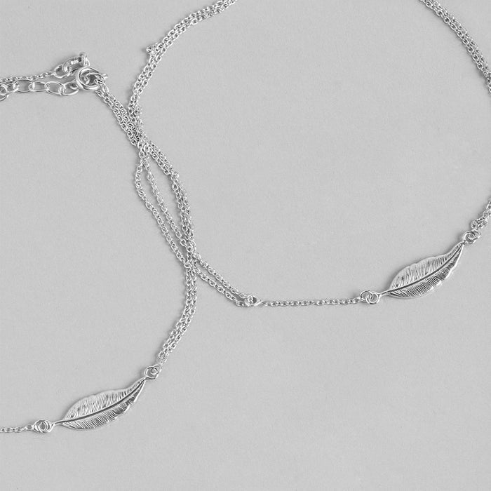 Leafy Multistring Rhodium Plated 925 Sterling Silver Chained Anklet