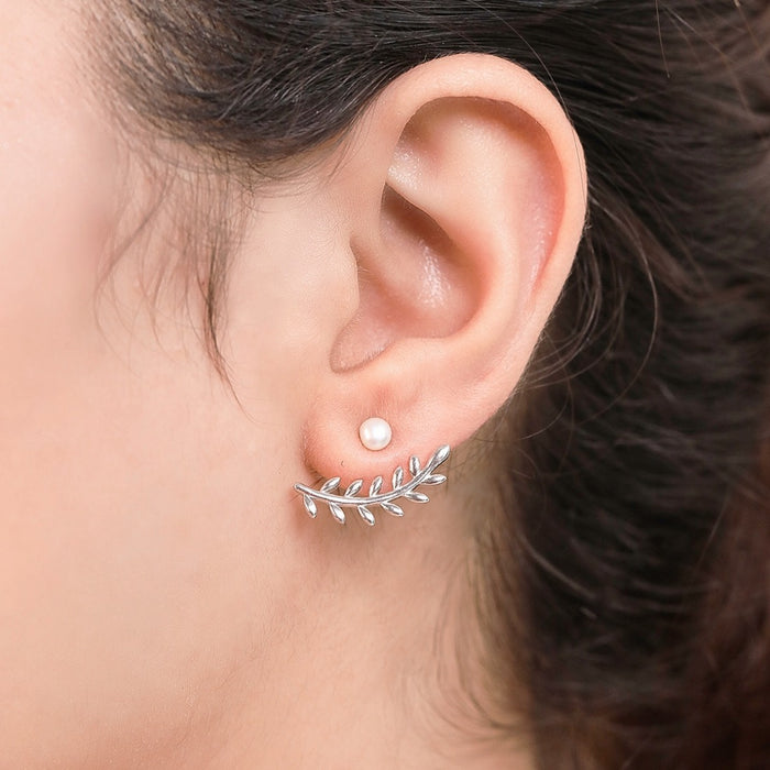Leafy Pearl Two-Way Rhodium Plated 925 Sterling Silver Studs