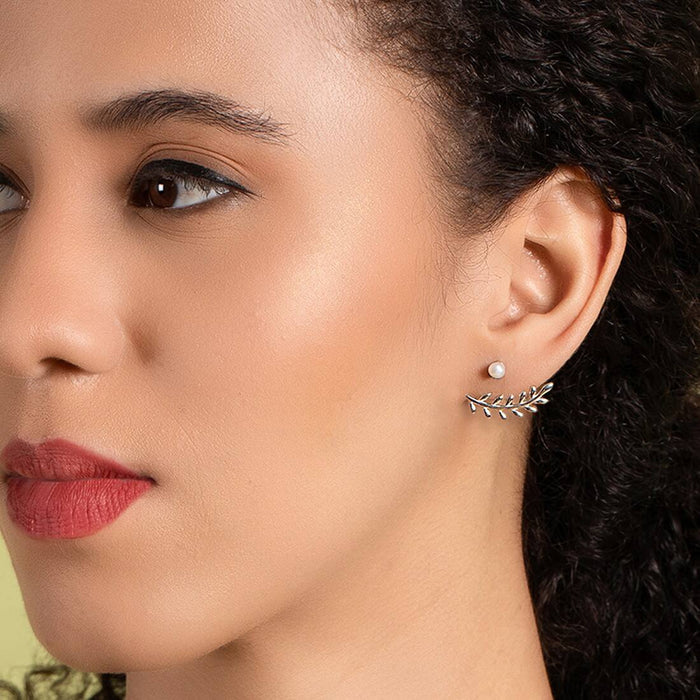Leafy Pearl Two-Way Rhodium Plated 925 Sterling Silver Studs