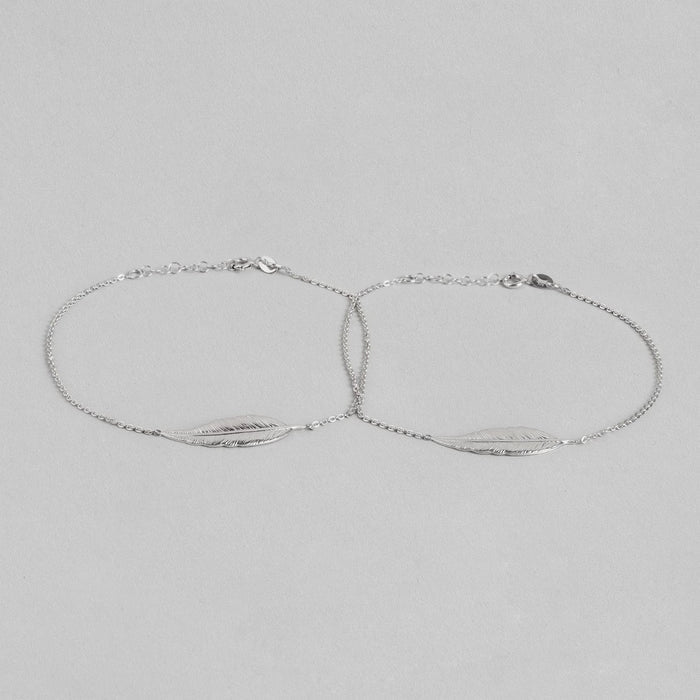 Leafy Rhodium Plated 925 Sterling Silver Link Chained Anklet