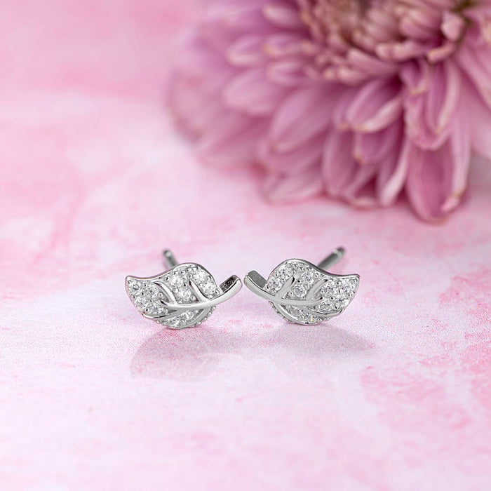 Leafy Studded Rhodium Plated 925 Sterling Silver Stud