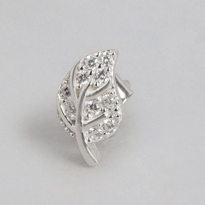 Leafy Studded Rhodium Plated 925 Sterling Silver Stud