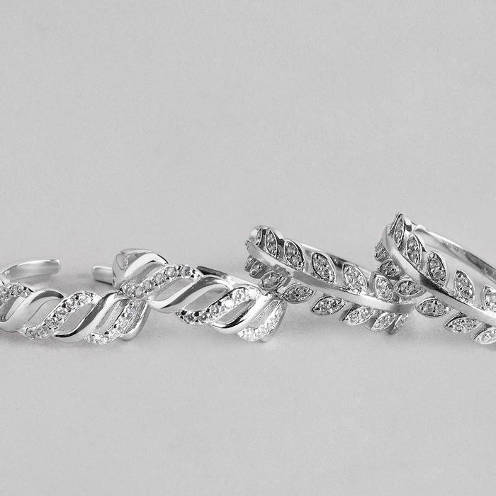 Leafy Waves Rhodium Plated 925 Silver Toe Ring Combo