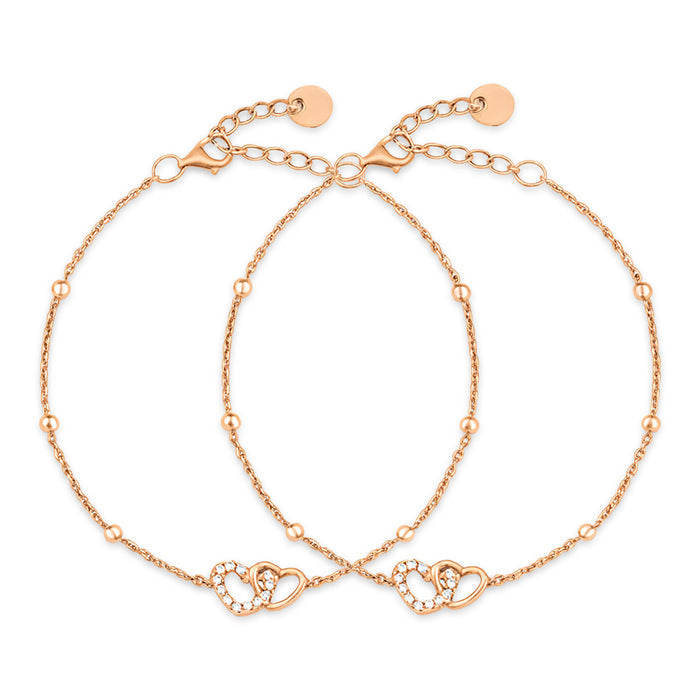 Women's rose gold 925 Sterling Silver anklet featuring a beaded chain and linked hearts – Zavya