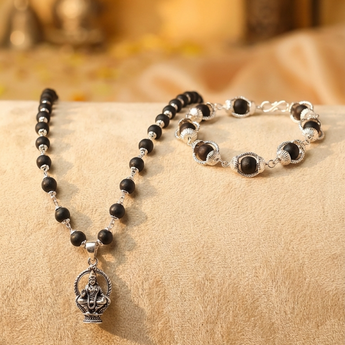 Lord Ayyappa Karungali Malai & Bracelet Silver Cap Combo (Govt Certified) - view 2