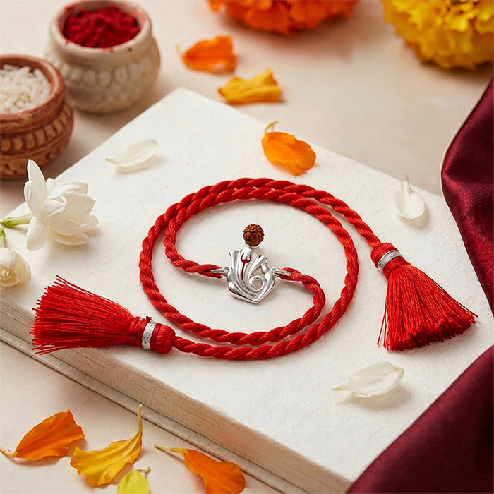 Lord Ganesha Rudraksha Rhodium Silver Rakhi (Zavya Signature)