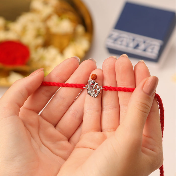Lord Ganesha Rudraksha Rhodium Silver Rakhi (Zavya Signature)
