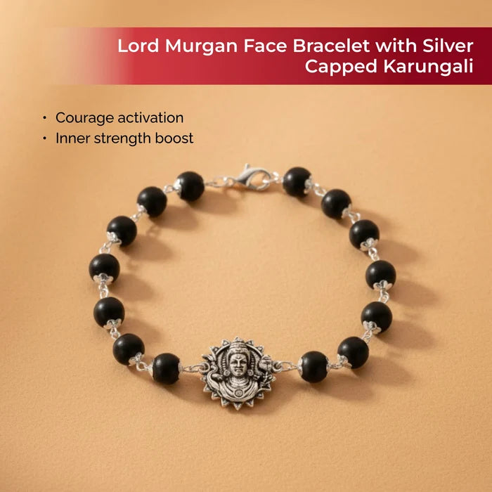 Lord Murugan Face Bracelet with Silver Capped Karungali - view 2