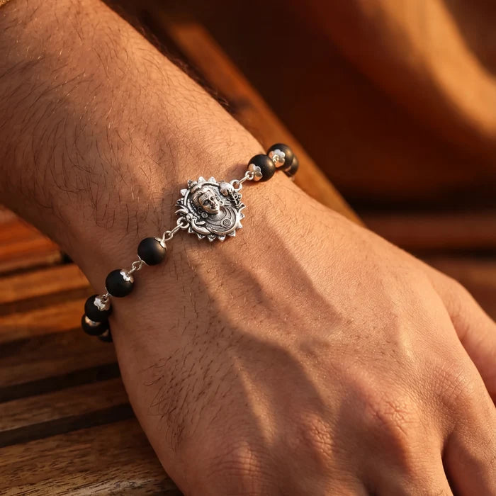 Lord Murugan Face Bracelet with Silver Capped Karungali - view 4