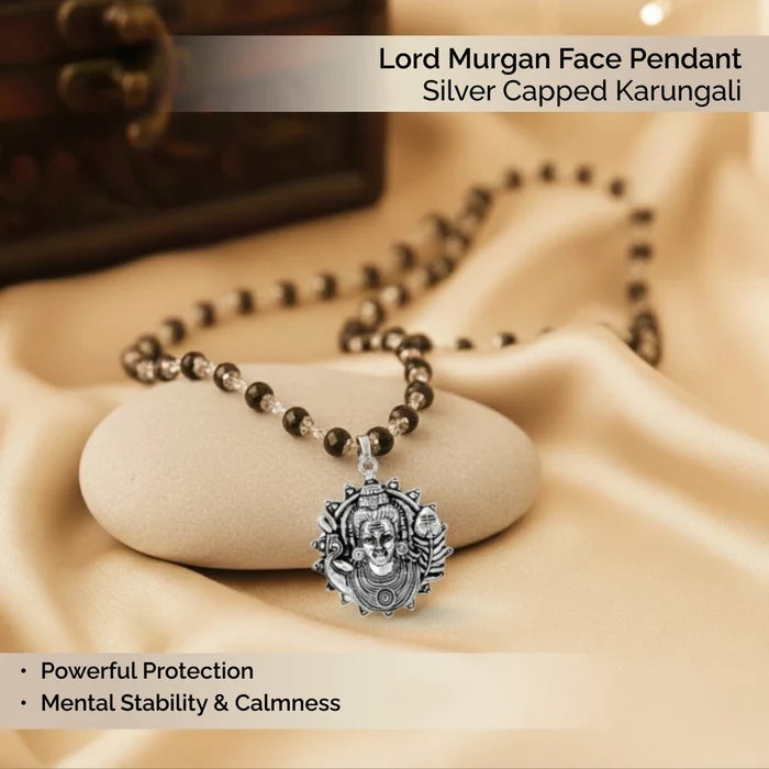 Lord Murugan Face Pendant with Silver Capped Karungali
