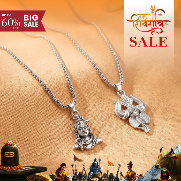 Lord Shiva Face and Trishul Damaru Pendant Combo in Silver Plating
