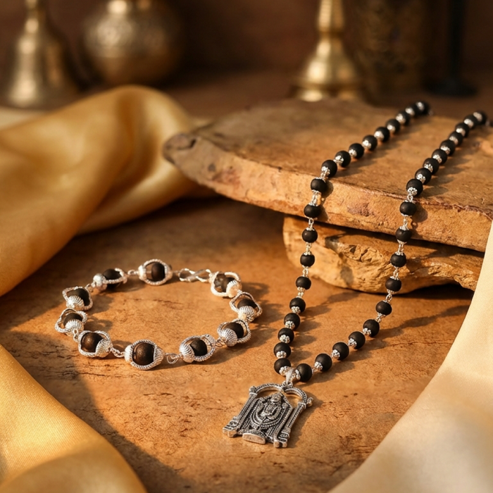 Lord Venkateswara Karungali Malai & Bracelet Silver Cap Combo (Certified) - view 2