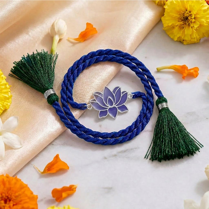 Lotus Bloom Enamel Rhodium Plated Silver Rakhi (Zavya Signature)